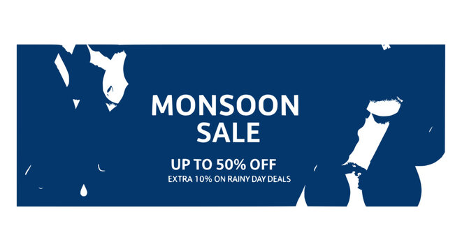 Monsoon Sale Banner with Up to 50% Off Discount, Rainy Day Deals