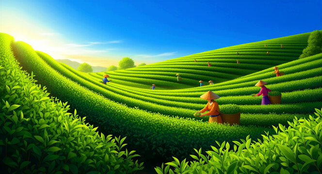 Farmers picking leaves on a lush green tea plantation at sunrise. Traditional workers in conical hats harvest crops on terraced hills. Organic tea production concept for agriculture and travel media.