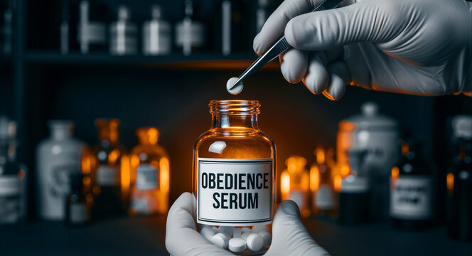 Scientist in gloves dropping a pill into a bottle labeled Obedience Serum with tweezers. Hand holding a glass pharmaceutical jar in a dark lab. Concept of mind control and social manipulation.