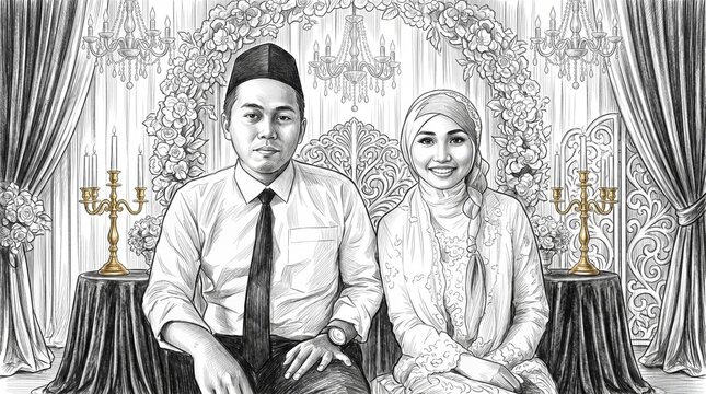 Happy Muslim couple in traditional wedding attire sitting together