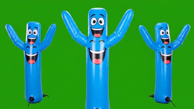 Three Blue Inflatable Tube Dancers Waving Arms on Green Screen Background.