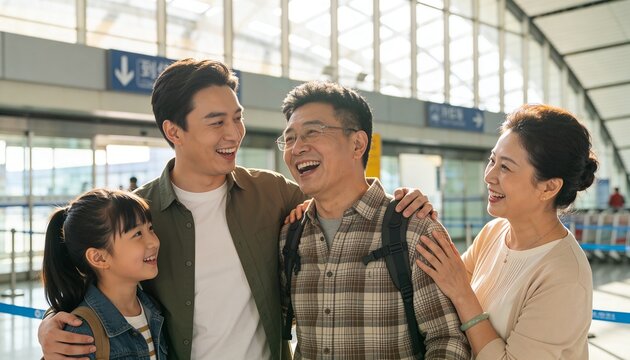 Happy multi-generational Asian family at the airport terminal. Joyful reunion of grandparents with son and granddaughter. Family travel and homecoming concept