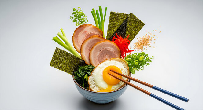 Ramen bowl with flying ingredients like chashu pork, fried egg, and seaweed being held by chopsticks. Professional food styling features levitating scallions on a clean background. Culinary art.