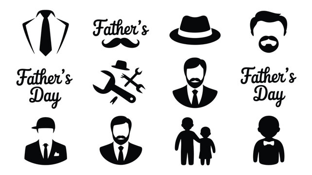 Collection of black silhouette icons representing father's day themes including dapper gentlemen hats ties tools and family figures perfect for celebratory designs and graphic