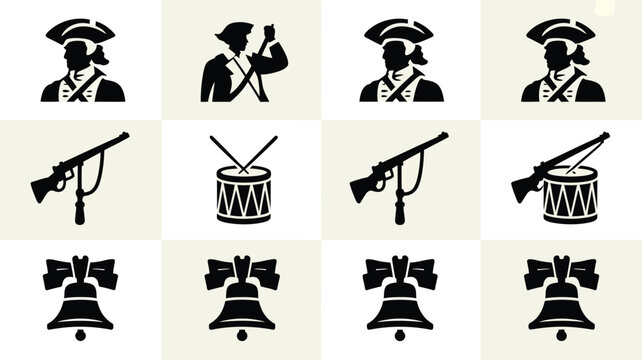 Collection of american revolution historical icons including colonial soldiers with tricorn hats muskets drums and the liberty bell symbol arranged in a clean symmetrical grid