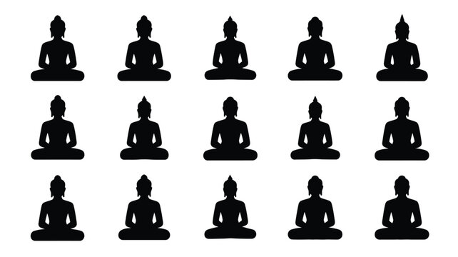 Synchronized grid of serene buddha silhouettes in meditation pose representing peace spirituality enlightenment and zen practices isolated on white background