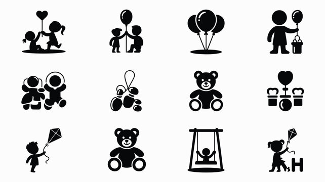 Collection of black silhouette icons representing childhood joy playtime activities and happy children with balloons toys and kites against a clean white background