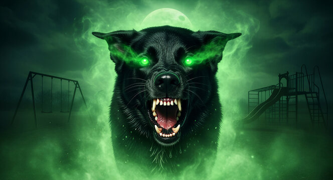 Aggressive black dog with glowing green eyes snarling in a dark playground. Green mist surrounds the creature under a full moon. Horror fantasy concept ideal for Halloween and supernatural themes.