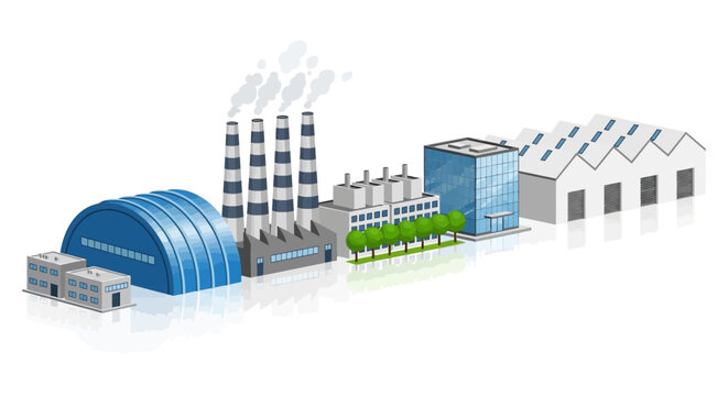 Industrial complex with factory buildings, chimneys emitting smoke, and warehouses under a bright sky, showcasing manufacturing and production facilities
