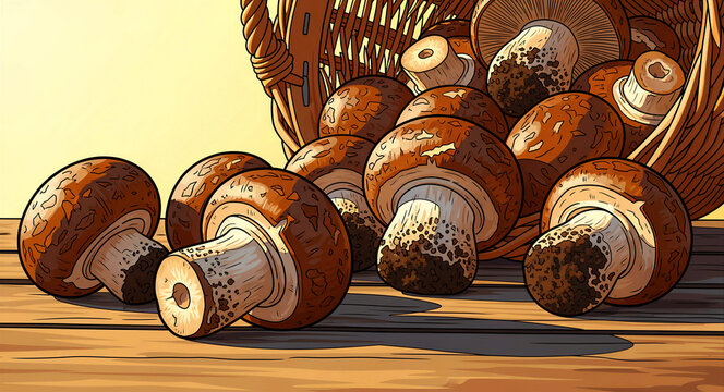 Fresh brown mushrooms spilling from a wicker basket on a wooden table. Vibrant comic style illustration of cremini mushrooms. Ideal for culinary blogs and healthy eating marketing campaigns.