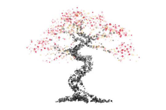 Vector abstract japanese sakura cherry blossom tree silhouette formed by pink flower particles on transparent background for nature technology digital and zen lifestyle concept