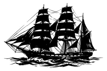 Vintage sailing ship silhouette, antique nautical vessel illustration, black ink woodcut style tall ship on white background, maritime adventure icon © Creative Wings