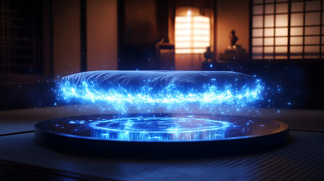 Levitating futuristic Japanese Zabuton cushion with blue anti-gravity propulsion light.
