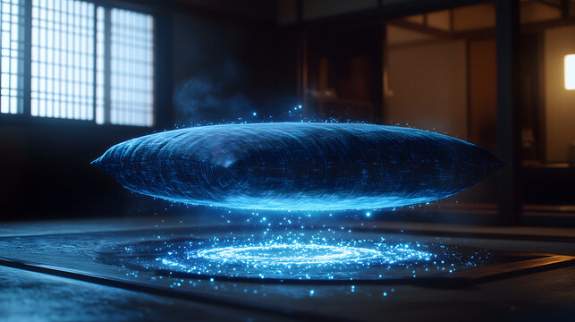 Levitating futuristic Japanese Zabuton cushion with blue anti-gravity propulsion light.