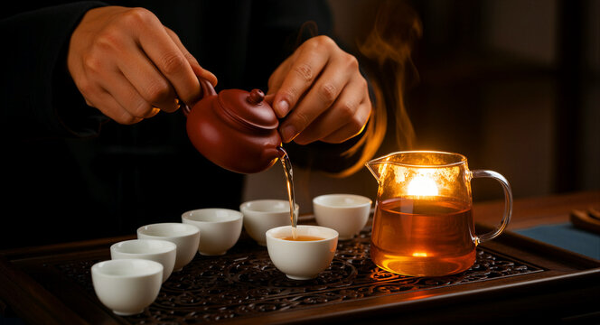 Person pouring tea from a clay teapot into a ceramic cup. Traditional Gongfu tea ceremony set on a carved wooden tray with steam. Asian tea culture concept, ideal for wellness and hospitality ads.