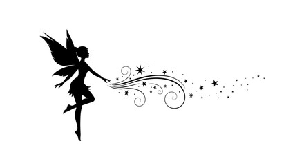 Silhouette of a magical fairy flying and casting sparkling magic dust © narco