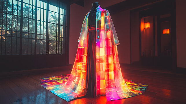 Futuristic Japanese kimono on a rack with a dynamic translucent OLED display.