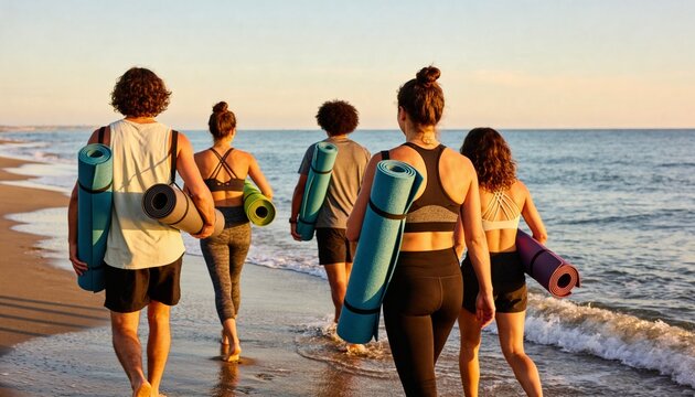 Group of people walking on a sandy beach with yoga mats at sunset. Friends going to an outdoor fitness class by the ocean. Healthy lifestyle and wellness concept