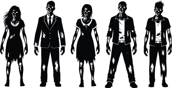 Zombie silhouettes standing together, eerie undead figures, horror artwork design, creepy Halloween illustration, scary character collection, spooky graphic element, fantasy concept