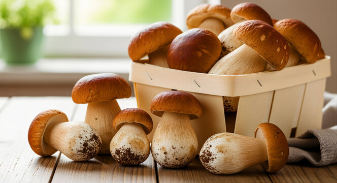 Fresh porcini mushrooms in a wooden basket and on a rustic table. Handpicked Boletus edulis fungi displayed in a bright kitchen. Organic harvest concept for culinary blogs and healthy eating.