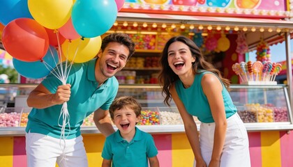 Naklejka premium Joyful family with colorful balloons at a city fair. Happy parents and young son laughing together in front of a candy stall. Summer carnival fun and celebration concept