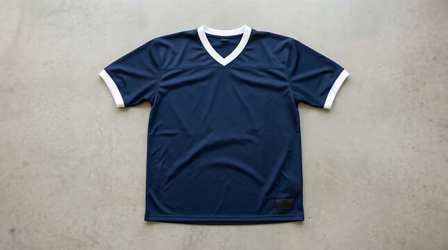 A mock-up photo of a navy blue soccer jersey with white trim on a gray surface