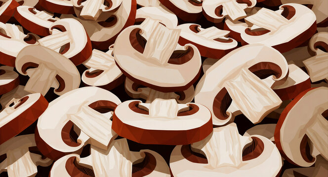 Sliced brown mushrooms in a stylized vector illustration. Cross-section views of fresh button mushrooms arranged in a dense pattern. Healthy food concept ideal for culinary blogs and menu design.
