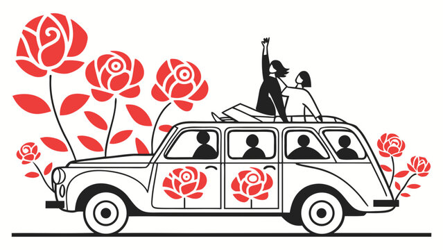 Minimalist vector illustration of vintage car with giant red roses and people on road trip