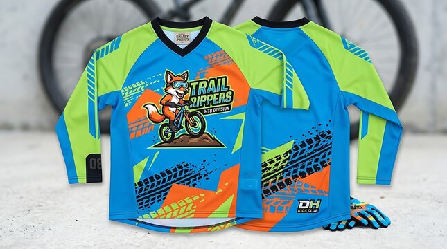 Three colorful mountain bike jerseys on display with bicycle wheels behind