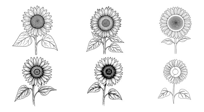 Set of hand drawn sunflower sketches in black and white line art style