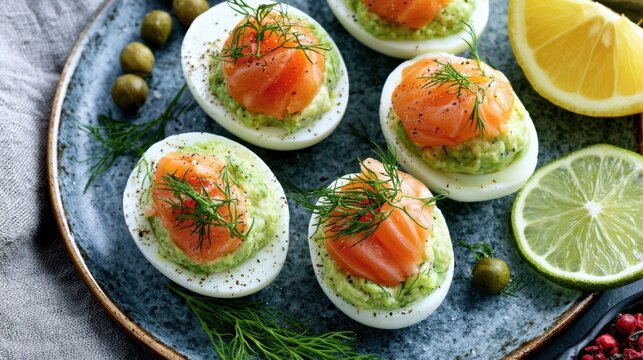 Gourmet deviled eggs with smoked salmon and fresh dill garnish