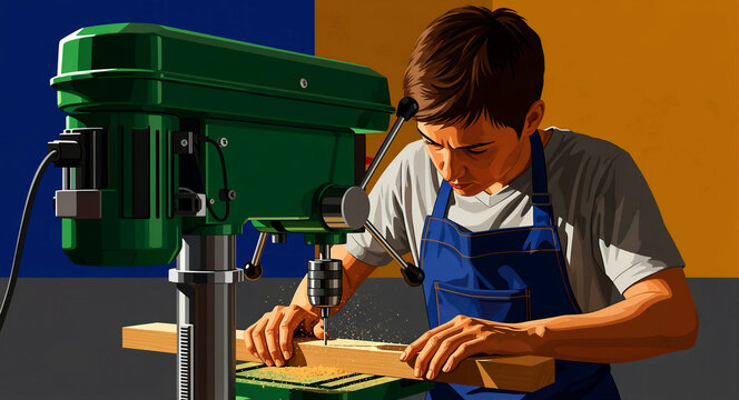 Man using a drill press to bore a hole into a wooden plank. Skilled woodworker focused on a carpentry project in a workshop. Craftsmanship concept, ideal for DIY and vocational training marketing.