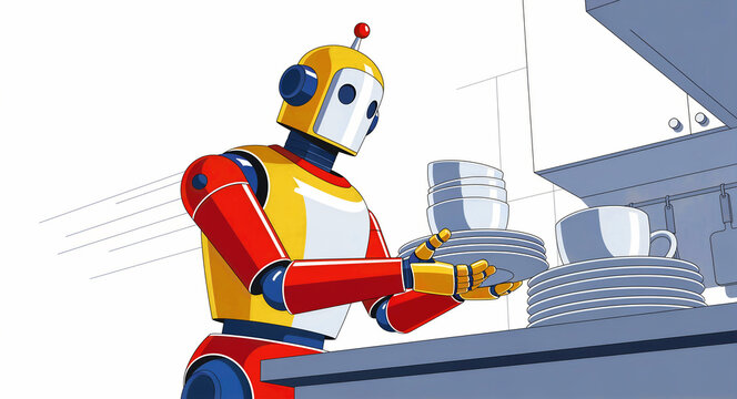 Retro-style robot carrying a stack of white plates and bowls in a kitchen. An automated android assistant performing household chores. Domestic automation concept for smart home and AI technology.