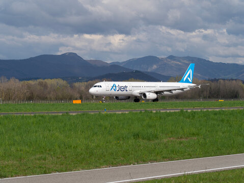 AJet Airbus A321 takes off at BGY Bergamo Milano international airport. AJet is part of Turkish Airlines