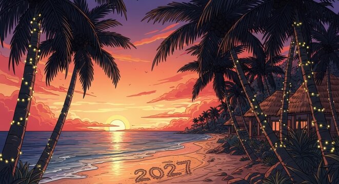 A serene beach scene at sunset with palm trees and a hut illustration
