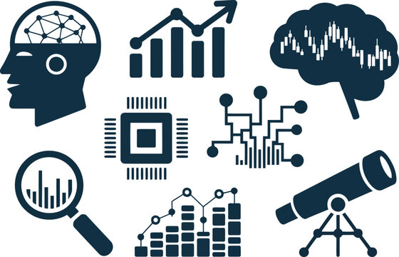 Data analysis and business intelligence icon set in black silhouette