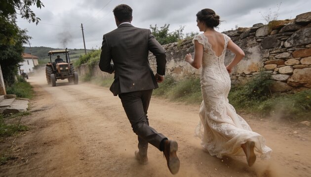 Bride and groom running away on a dusty rural road. Eloping couple in wedding attire escaping on a dirt path with a tractor. Rustic countryside wedding celebration