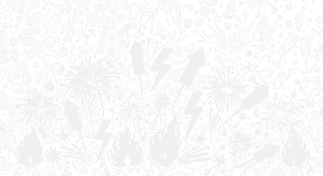 White pattern with fireworks, lightning, and abstract shapes. Seamless festive background.