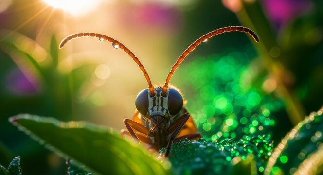 Extreme macro portrait of a bee with dew drops on its antennae. The insect rests on a wet green leaf during golden hour with beautiful bokeh. Biodiversity concept, ideal for science and nature media.