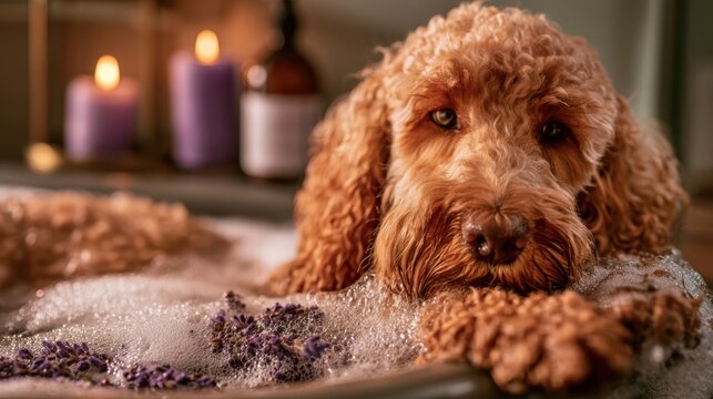 Relaxing bath time for a fluffy golden doodle dog with lavender and candles