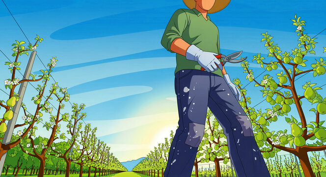 Farmer holding pruning shears in a blooming orchard. Agronomist working in a fruit plantation with rows of trees under a blue sky. Agriculture maintenance concept for gardening and farm marketing.
