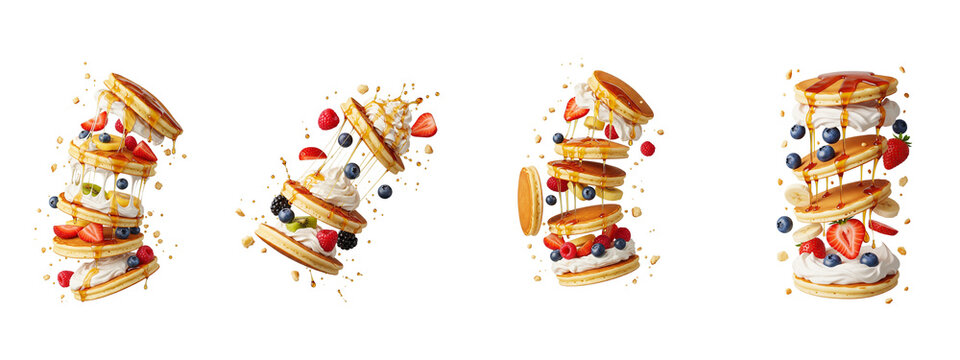 Flying stacks of pancakes with fresh berries and syrup on black background