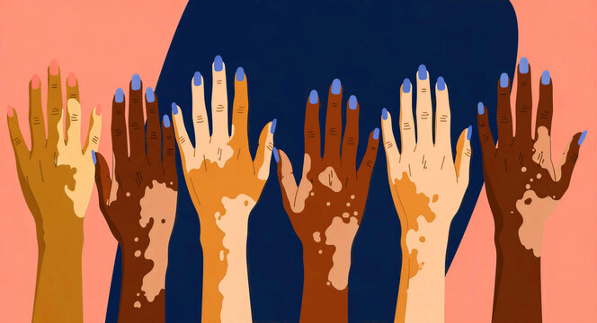 Diverse hands with vitiligo reaching upwards. Illustration showcasing various skin tones and pigmentation for inclusivity. Body positivity concept, ideal for healthcare and social awareness.