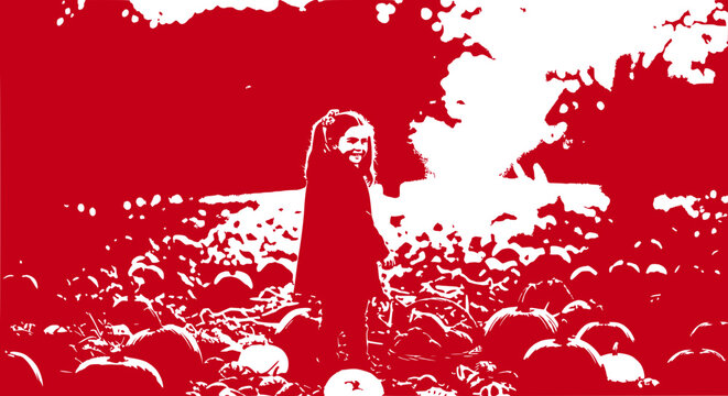 Young Girl Standing in Pumpkin Patch, Autumn Harvest, Festive Season
