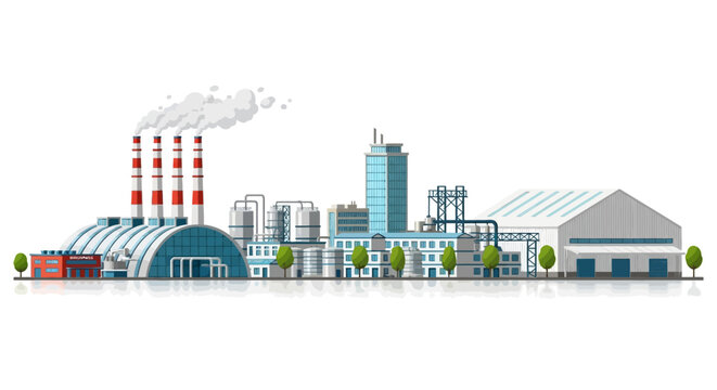 Industrial factory building complex with smokestacks emitting smoke, modern industrial facility with warehouses and office buildings on a white background, representing manufacturing and production