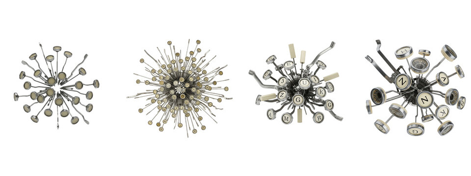 Four abstract spheres made from vintage typewriter keys on black background