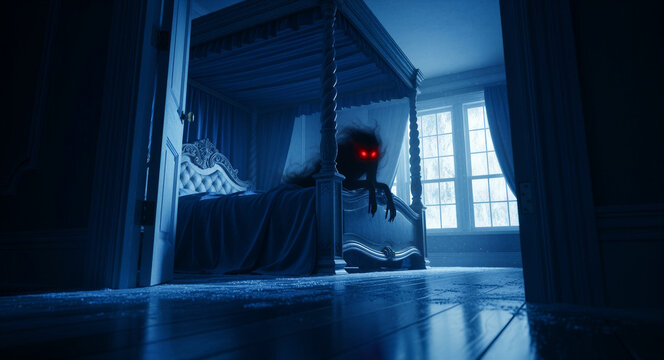 Shadowy figure with glowing red eyes sitting on a bed in a dark room. Spooky phantom entity haunting a bedroom under moonlight. Horror concept ideal for supernatural storytelling and nightmares.