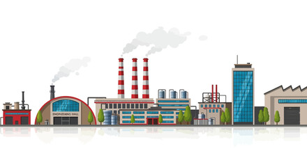 Fototapeta premium Industrial factory landscape with smokestacks emitting smoke against a clear sky with reflections below, representing industry and manufacturing