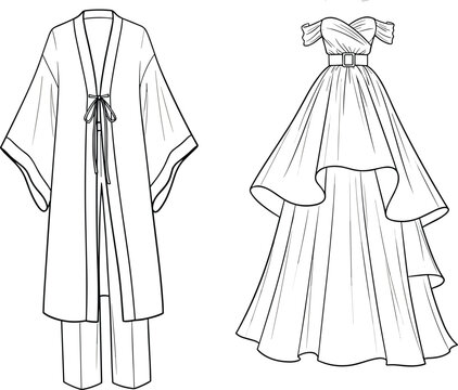 "Traditional robe fashion illustration, wide sleeve garment sketch, couture evening gown drawing, off shoulder puff sleeve dress, runway design art"