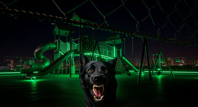 Aggressive black dog snarling with bared teeth in a neon-lit playground at night. The animal stands behind a chain-link fence with a futuristic green glow. Guard dog and urban threat concept.